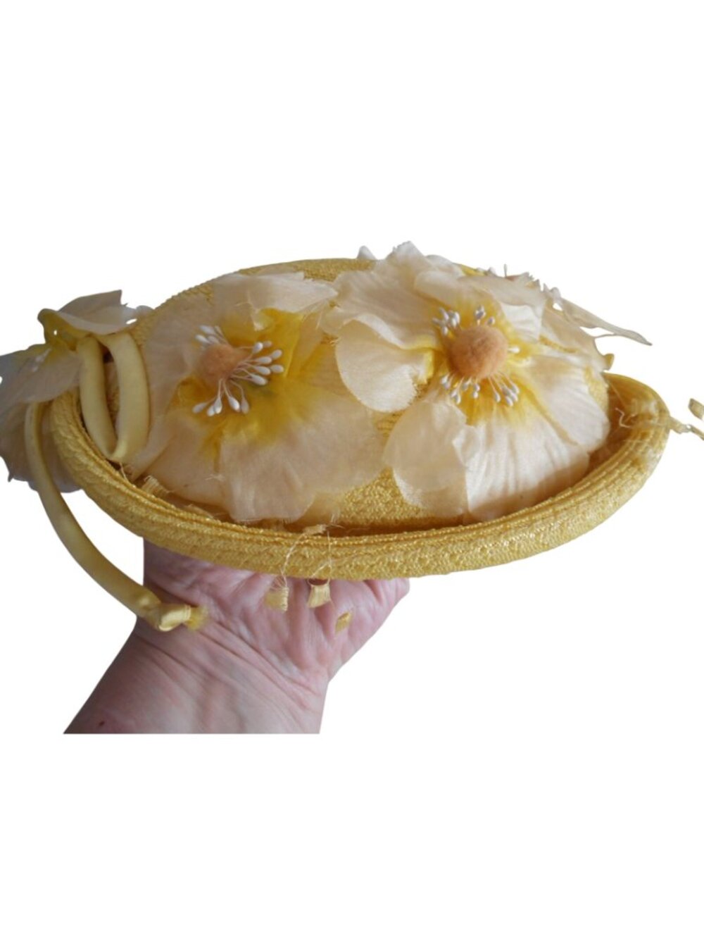 Vintage Women's Calot hat Yellow floral with bow 1960s by Rawak - Picture 4 of 7